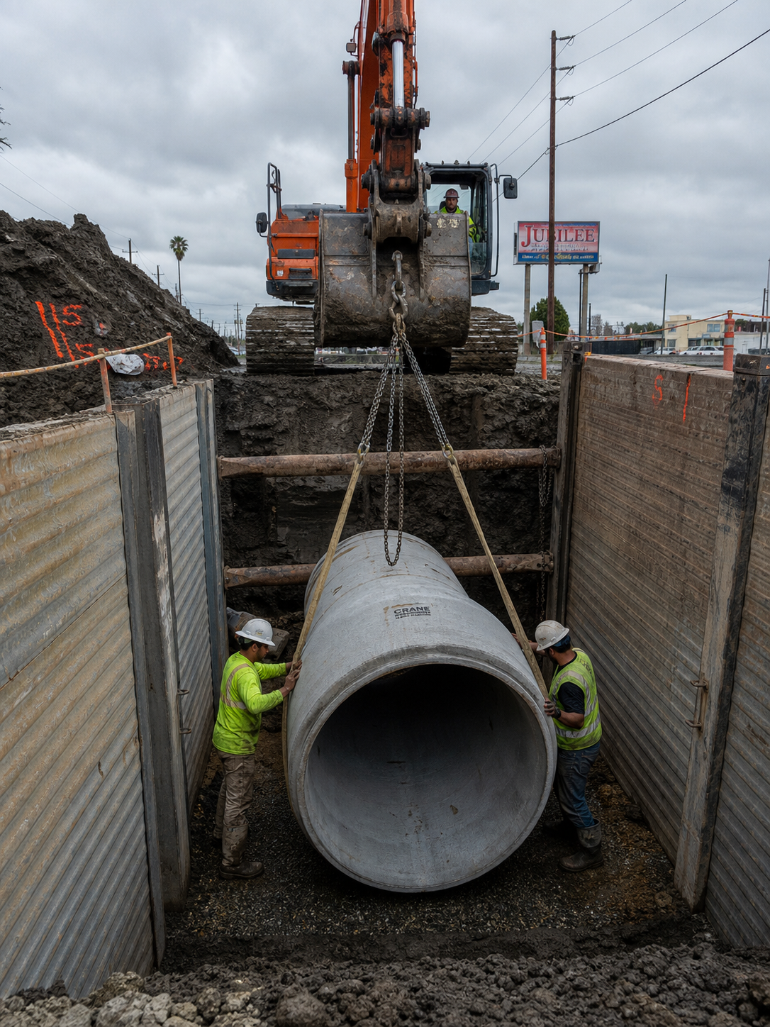 Deep trench storm drain installation