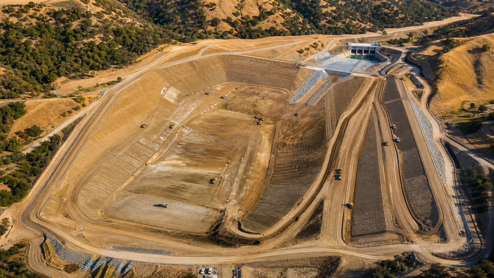 Aerial view of earthwork dam and detention basin