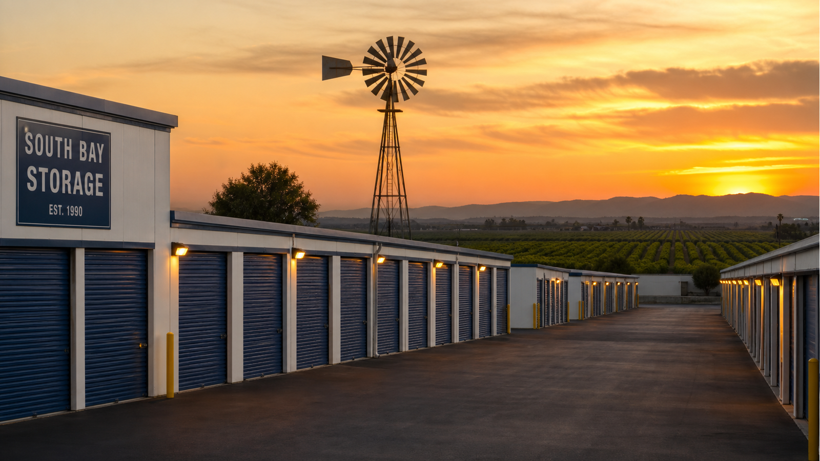 Windmill Mini Storage at dusk, windmill silhouette, San Martin CA