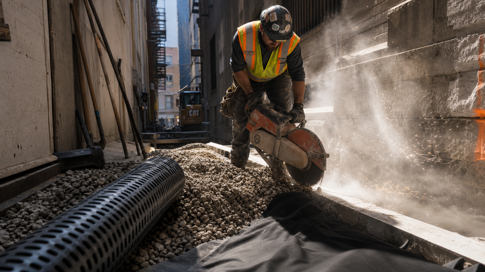 Urban wet utility French drain installation